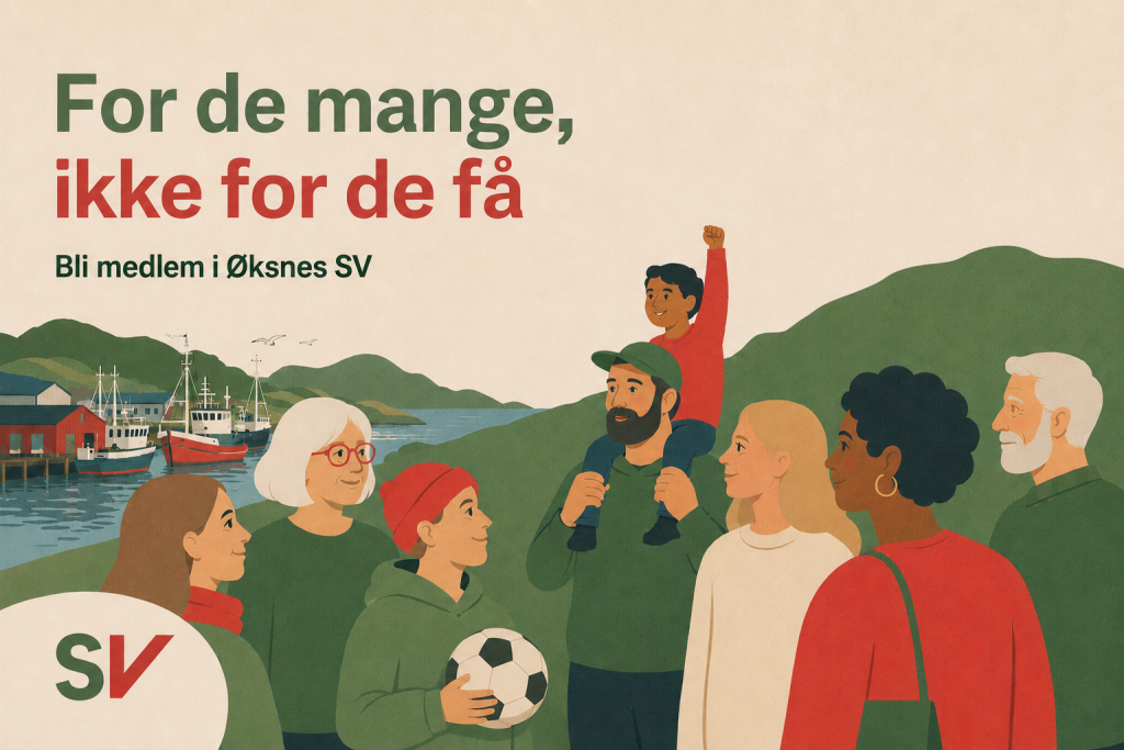 AI-generert bilde av gruppe mennesker av ulik alder og kjønn står sammen på grønt gress med fjord og fiskebåter i bakgrunnen.